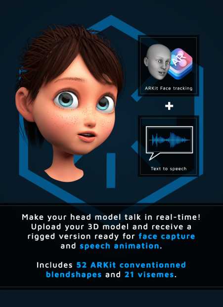 upload your 3D head model to receive a a rig of 52 arkit facial blendshapes and 21 visemes for real-time animation